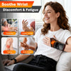 A woman is using a rechargeable heated wrist massager for relief from tendonitis, carpal tunnel, typing discomfort, and wrist