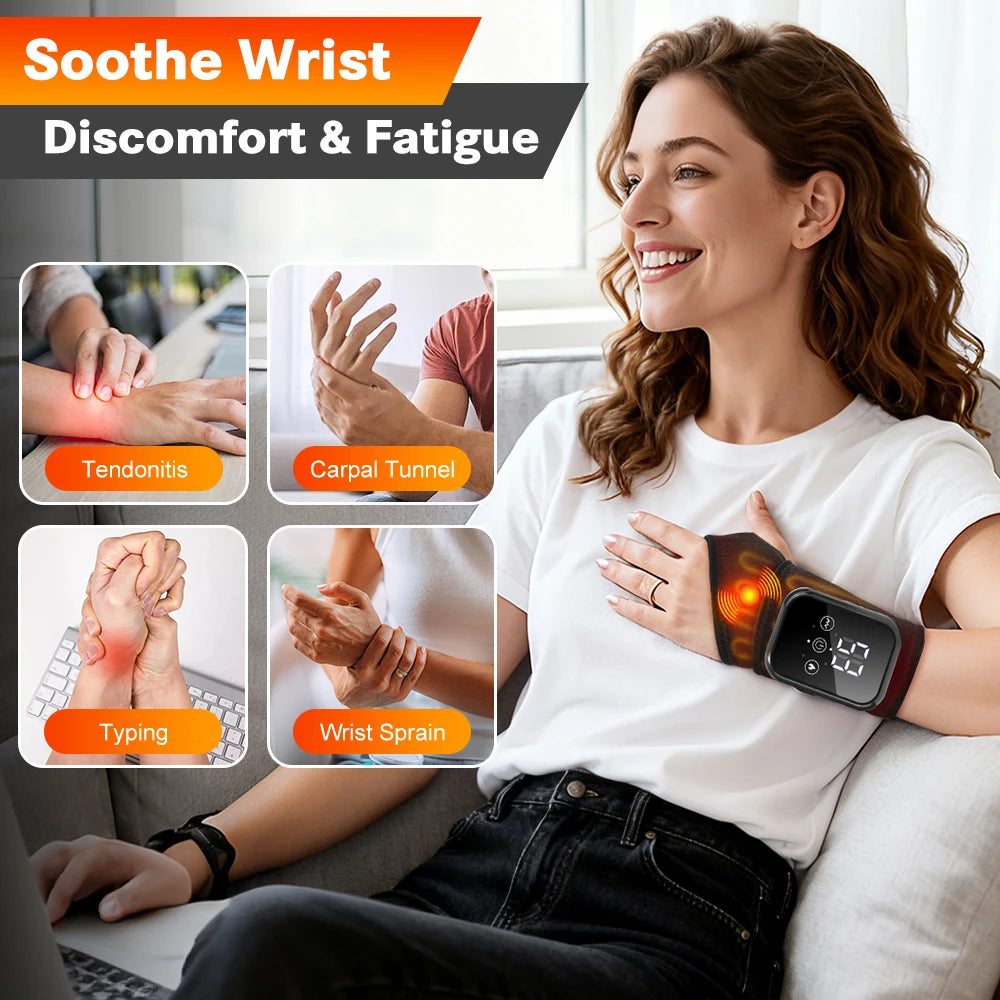 A woman is using a rechargeable heated wrist massager for relief from tendonitis, carpal tunnel, typing discomfort, and wrist