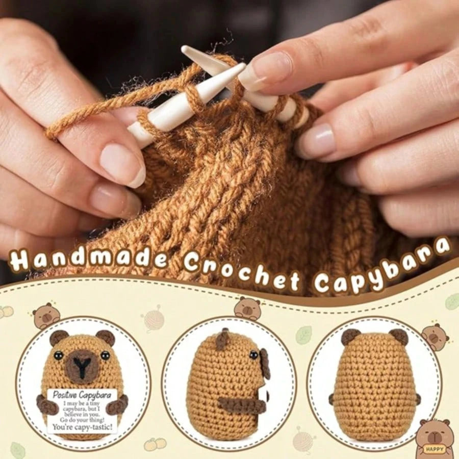 Handmade crochet capybara plush pendant with an encouraging card
