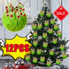A set of twelve green faux fur Christmas ball ornaments with bows displayed on a festive tree.