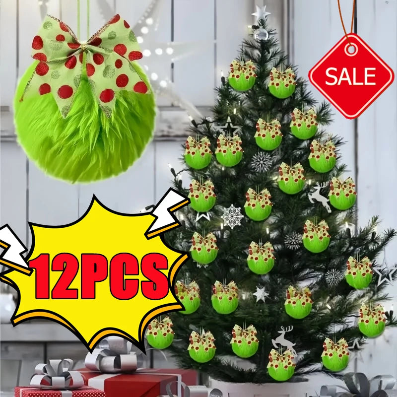 A set of twelve green faux fur Christmas ball ornaments with bows displayed on a festive tree.