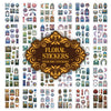 A collection of vintage floral window scrapbooking stickers featuring various flowers, leaves, and decorative elements.