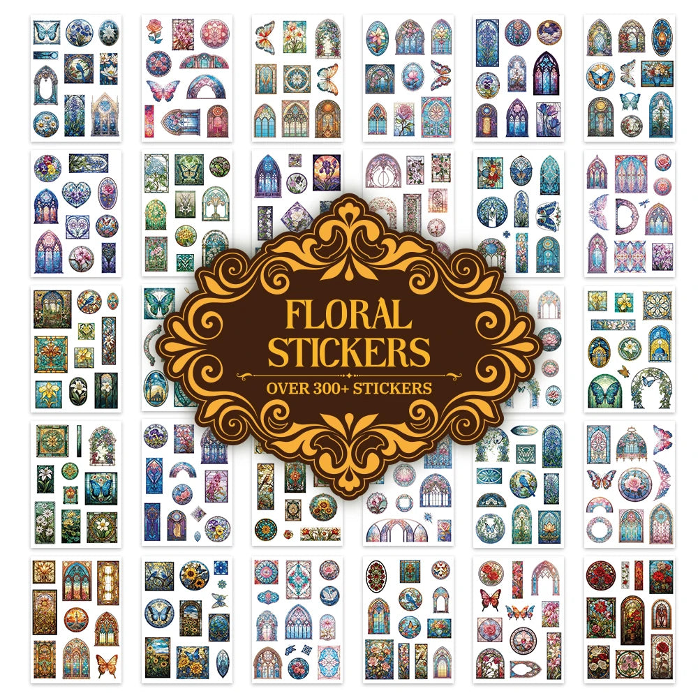 A collection of vintage floral window scrapbooking stickers featuring various flowers, leaves, and decorative elements.