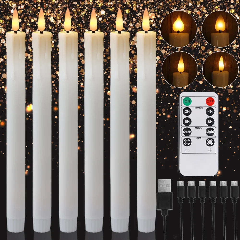 A set of white LED taper candles with a remote control and timer displayed against a dark background.