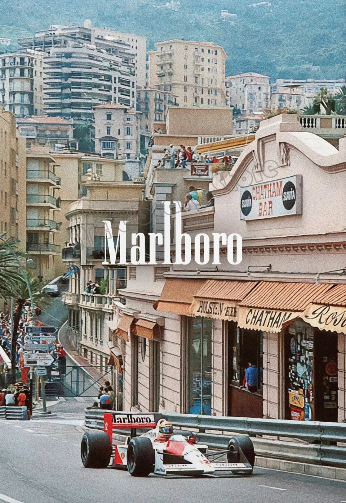 Vintage F1 Monaco Racing Canvas Art Print featuring a race car on a street course.