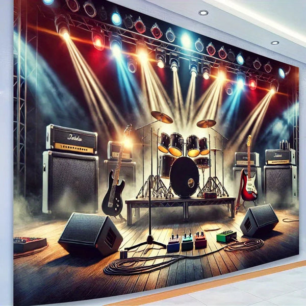 A large wall hanging depicting a rock band stage with bright spotlights and musical instruments.