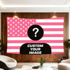 A pink and white striped tapestry featuring a distressed American flag design with a black question mark in the center.