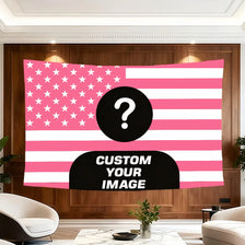 A pink and white striped tapestry featuring a distressed American flag design with a black question mark in the center.