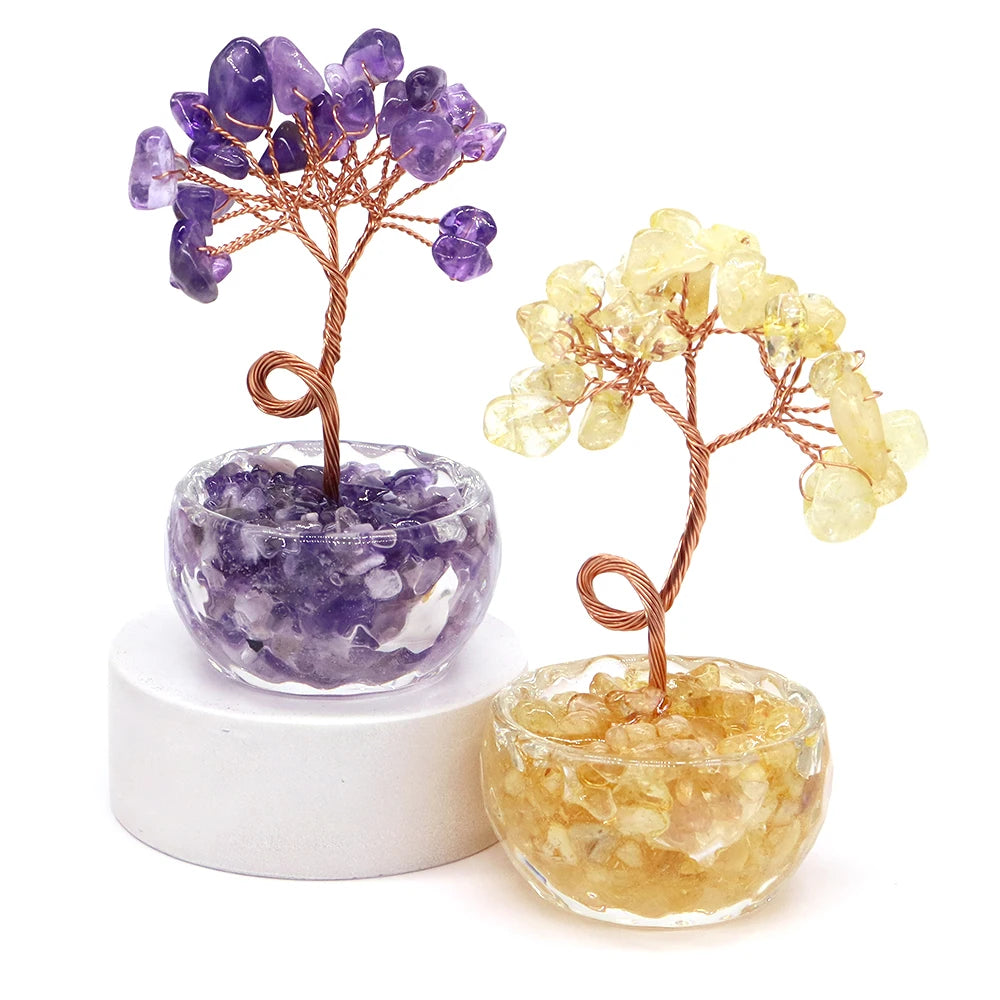 Crystal healing gemstone bonsai featuring purple amethyst and yellow citrine crystals on wooden branches