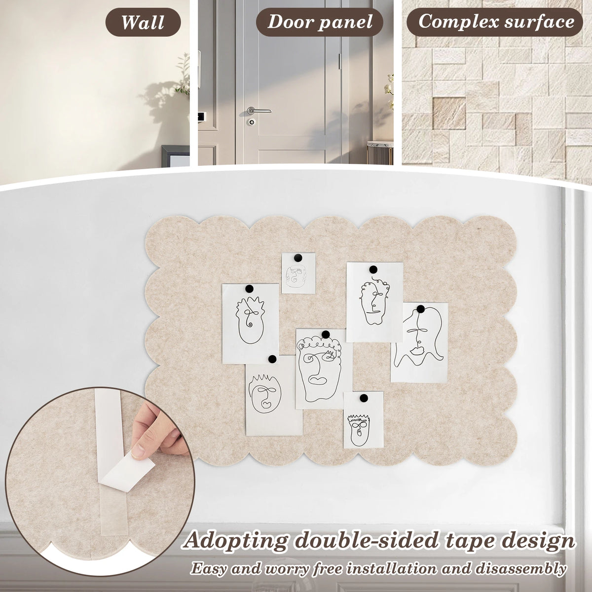 Scalloped felt bulletin board with cloud-shaped design featuring multiple photo holders for easy installation
