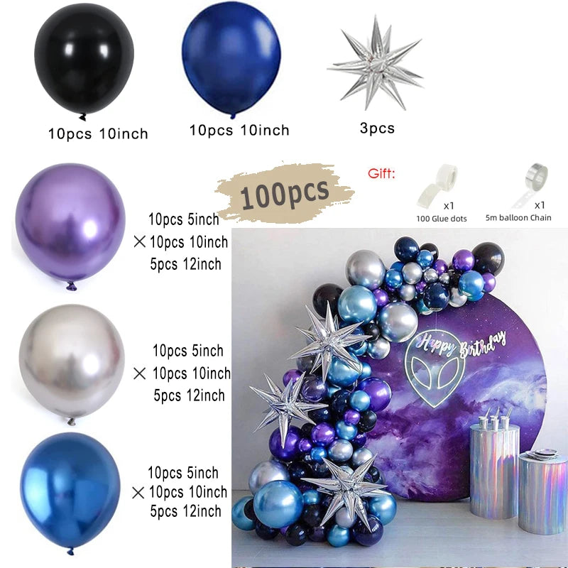 A collection of black and blue balloons, including starburst accents, for a birthday party decoration kit.