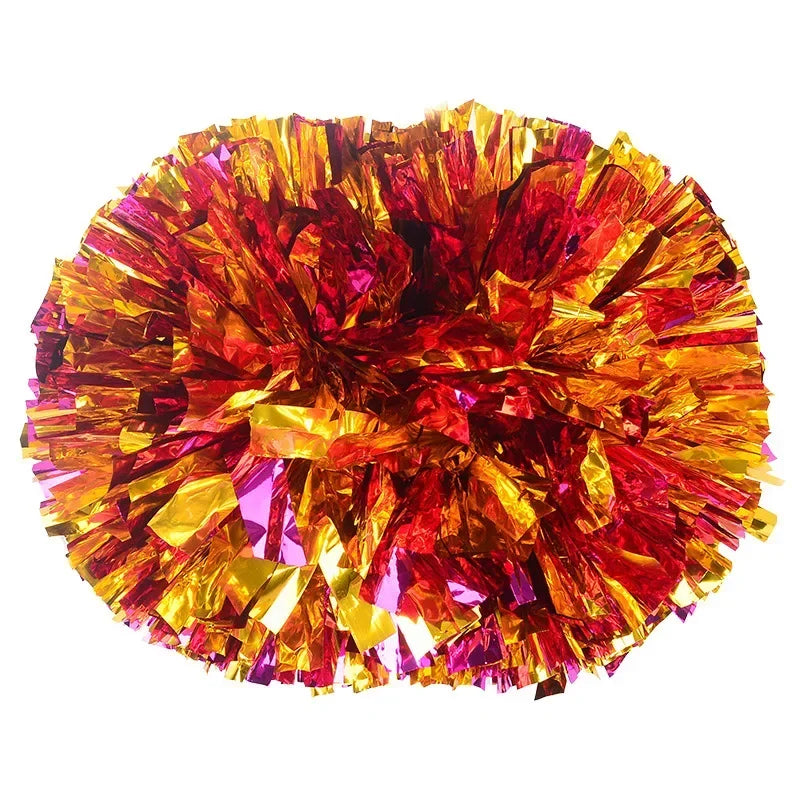 A vibrant cluster of metallic red and gold pom poms with shiny, crinkled material.