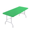 A bright green stretch tablecloth dining table with a silver metal frame.
