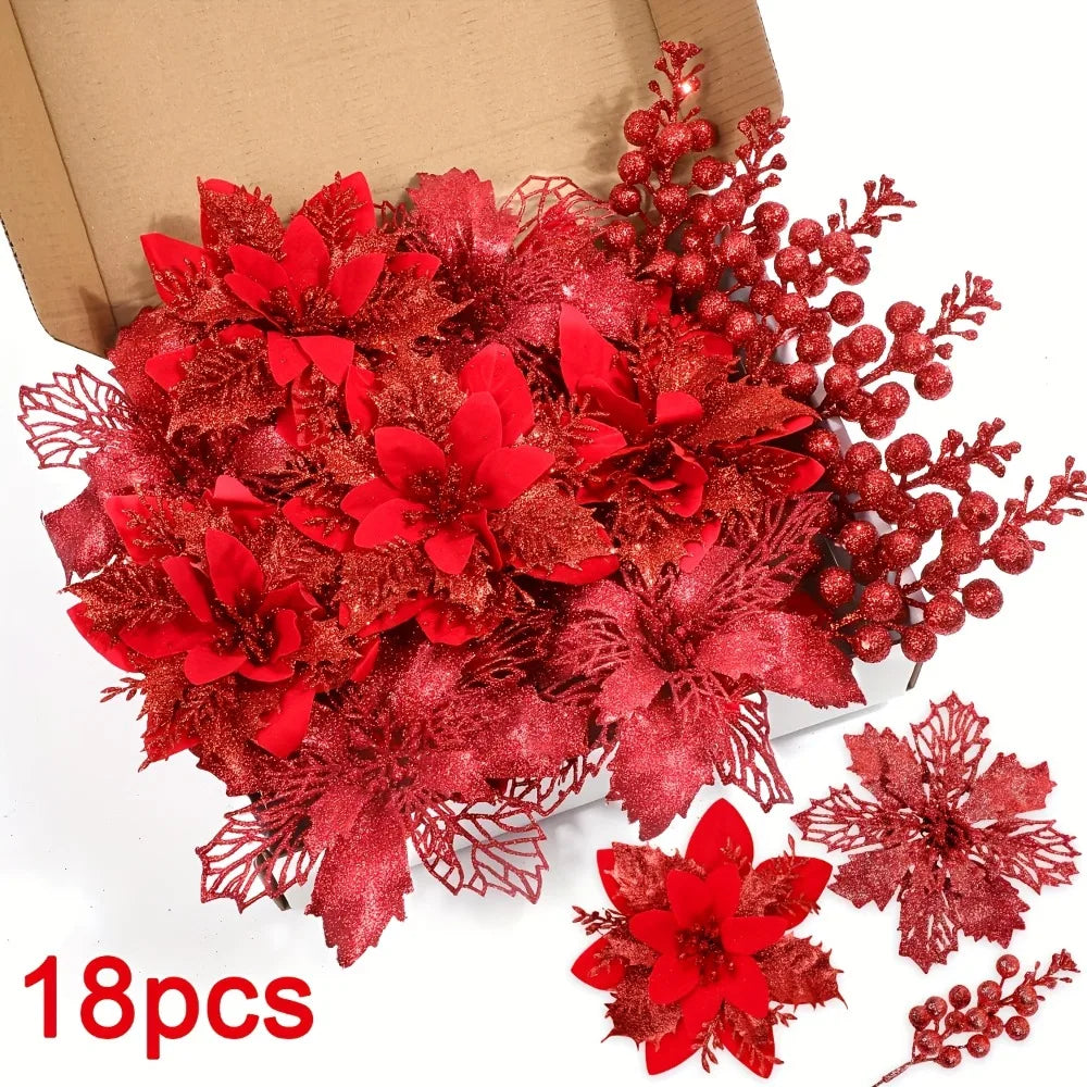 Glitter Christmas Berry & Flower Bouquet Ornaments (Set of 18)