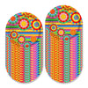 A colorful pattern of Mexican fiesta designs on a round disposable tableware set.