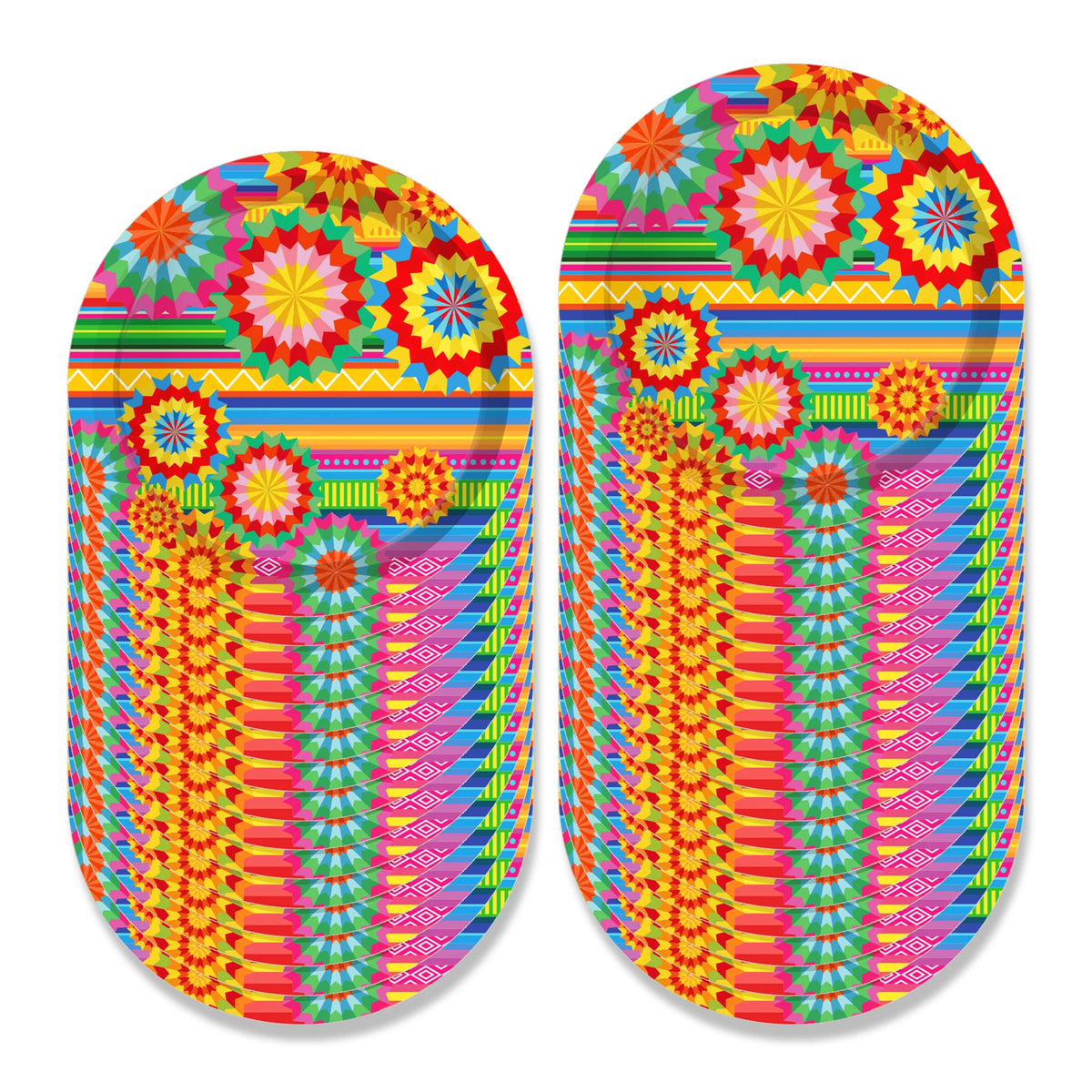 A colorful pattern of Mexican fiesta designs on a round disposable tableware set.