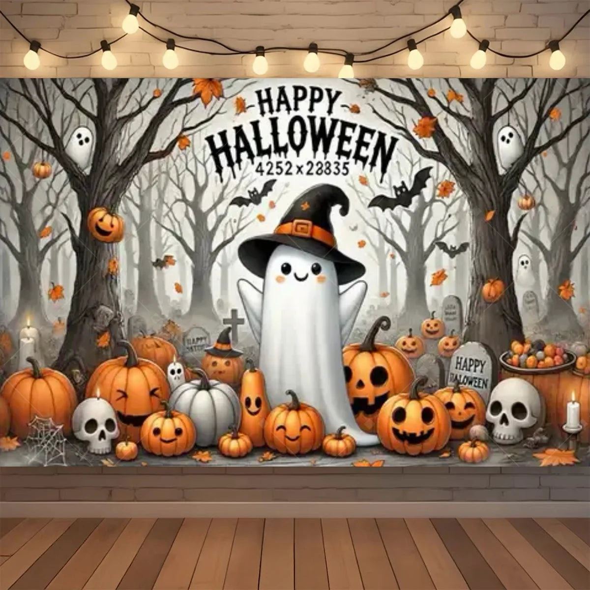 A Halloween neon backdrop featuring pumpkins, bats, and skulls for a photo booth background.