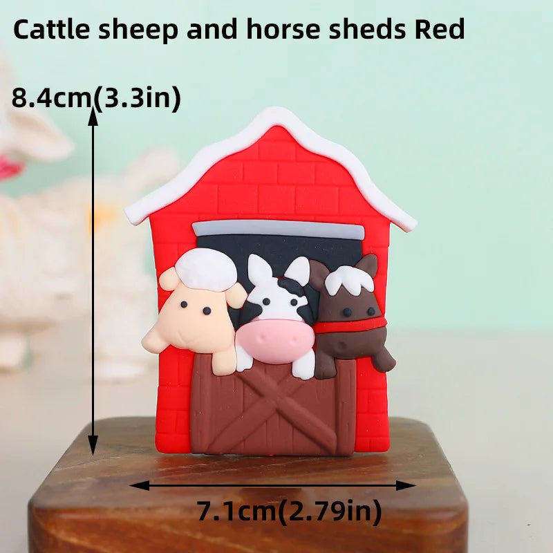 Red farm animal cake topper featuring a cattle sheep and horse in a wooden shed display