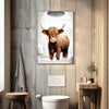 Canvas wall art featuring a realistic depiction of a brown Highland cow standing in water.