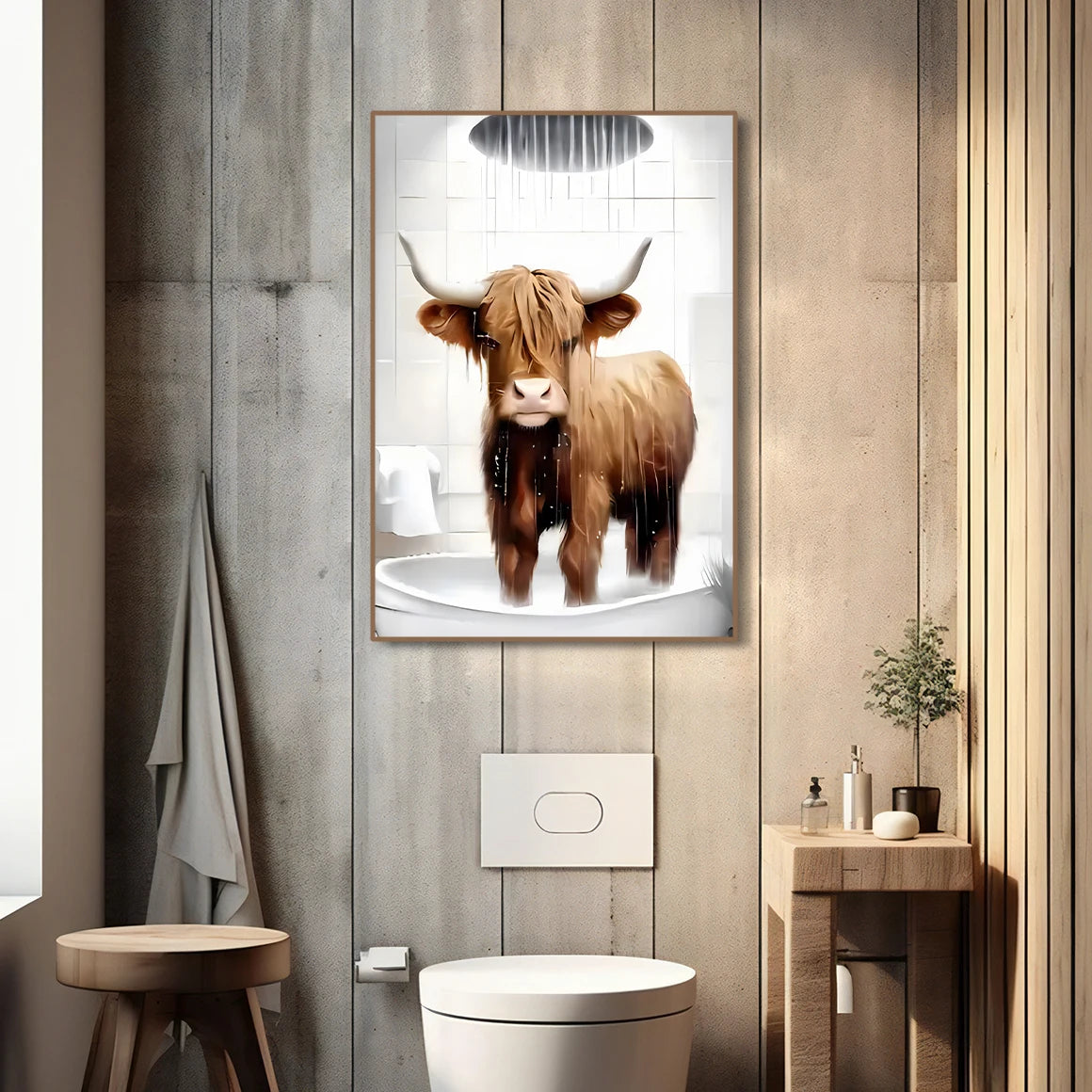 Canvas wall art featuring a realistic depiction of a brown Highland cow standing in water.