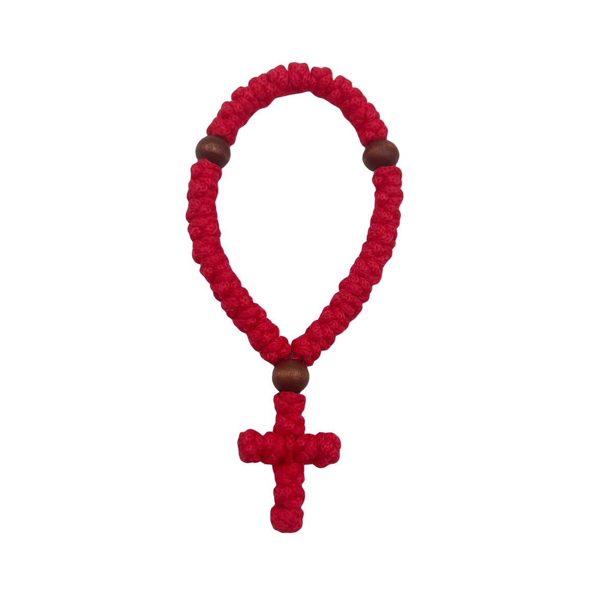 Handmade red prayer rope with a cross charm