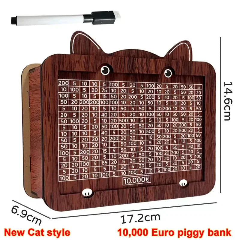 Une tirelire en bois avec une fenêtre transparente montrant diverses pièces d'euro.