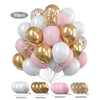 A cluster of pearl and gold confetti balloons in various shades of pink and white.