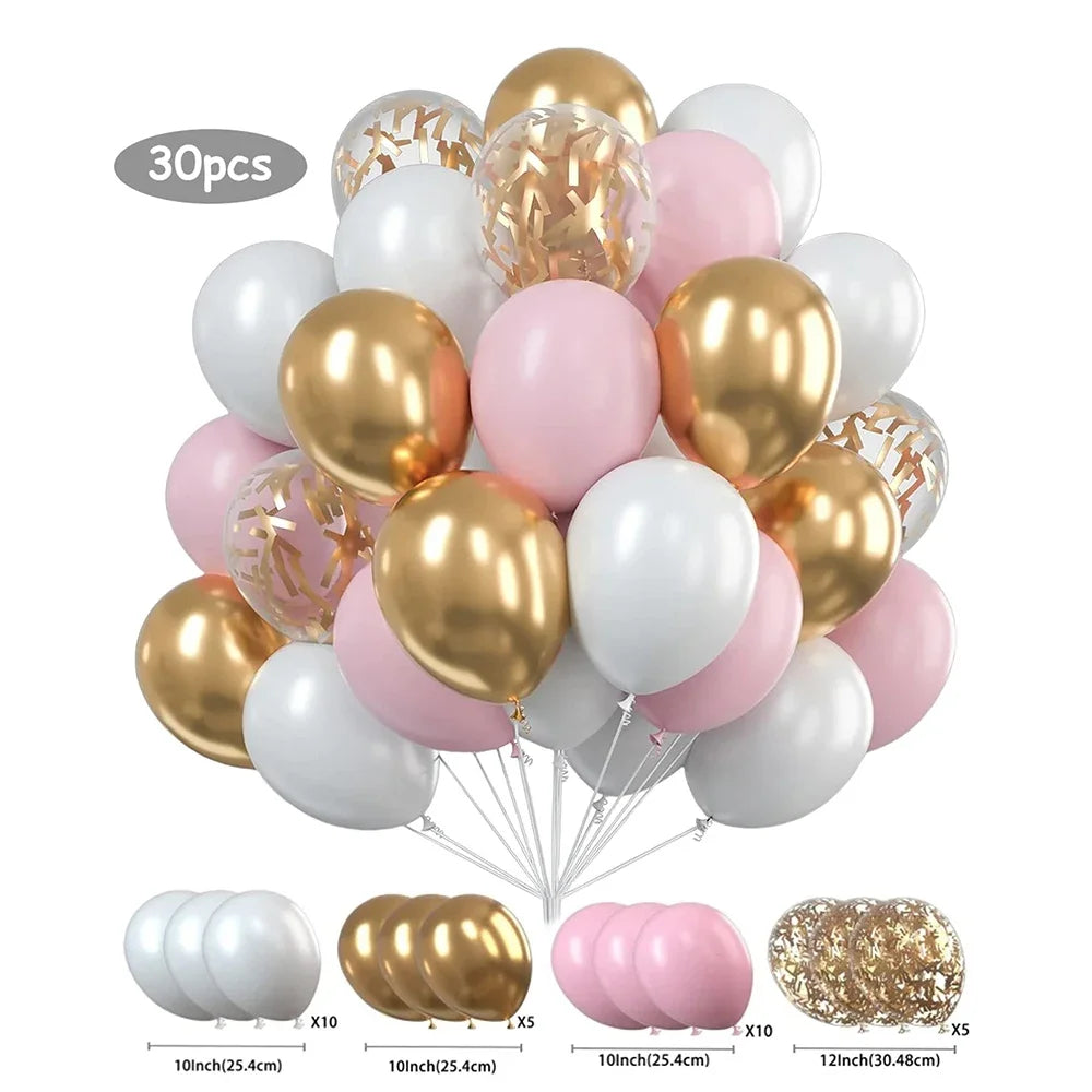 A cluster of pearl and gold confetti balloons in various shades of pink and white.