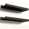 A set of two dark brown rustic floating wood shelves mounted on a white wall.