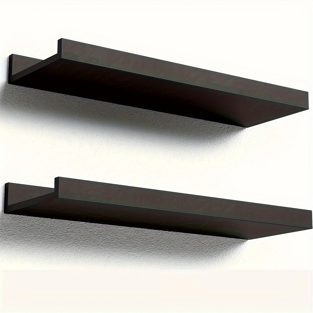 A set of two dark brown rustic floating wood shelves mounted on a white wall.