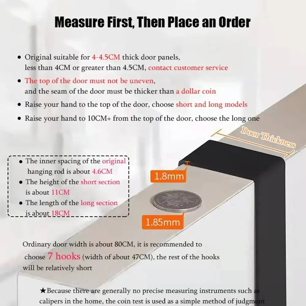 A set of heavy duty aluminum door hooks is shown with various sizes and measurements for installation.
