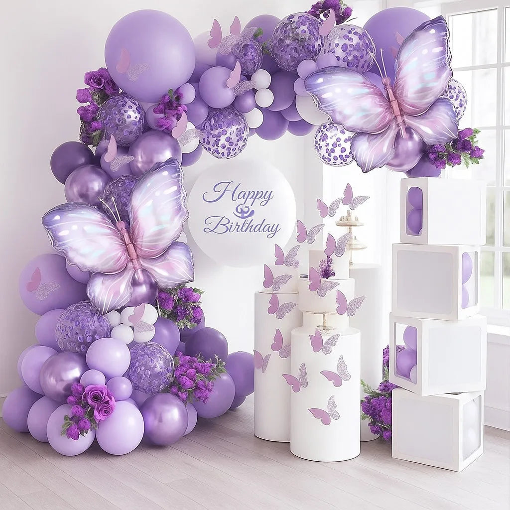 A purple butterfly balloon arch kit featuring balloons and curling ribbon for party decoration.