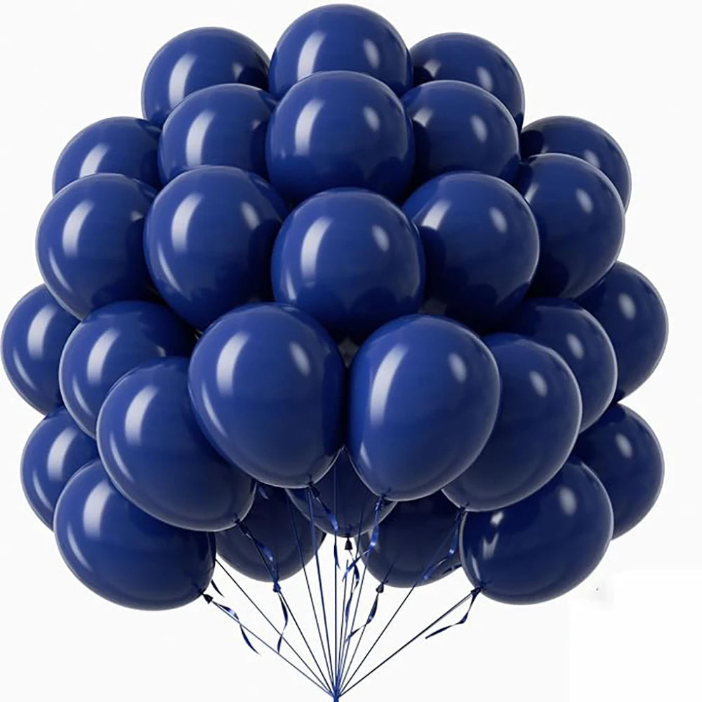 A bunch of dark blue latex balloons tied together for party decorations