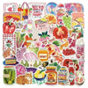 A collection of retro cute food pattern decals featuring various fruits and vegetables for luggage and accessories.