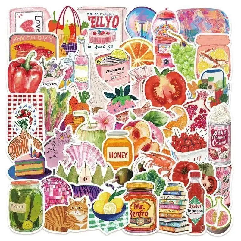 A collection of retro cute food pattern decals featuring various fruits, vegetables, and jars for luggage and accessories.