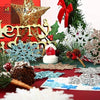 A collection of six shimmering blue snowflake ornaments and gold lettering on a red background.