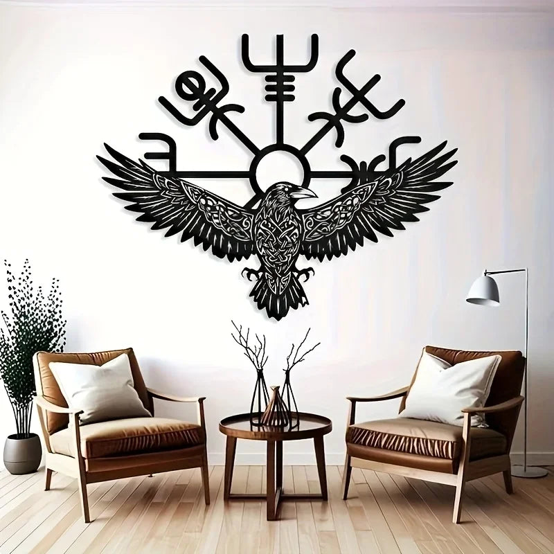 Viking Raven Metal Wall Art with Celtic Compass Symbol