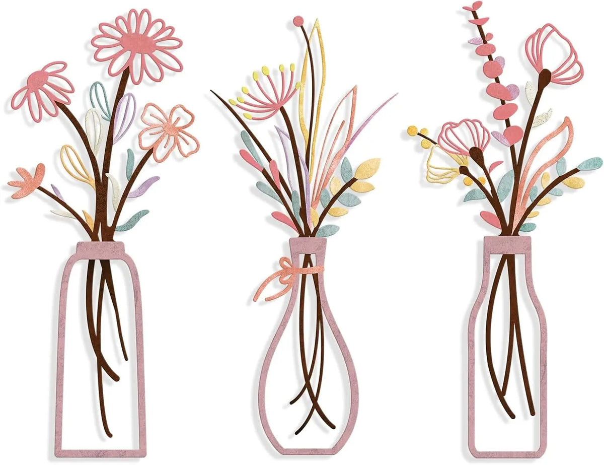 Set of three rustic metal flower wall art pieces featuring pink, yellow, and white floral designs in glass vases.