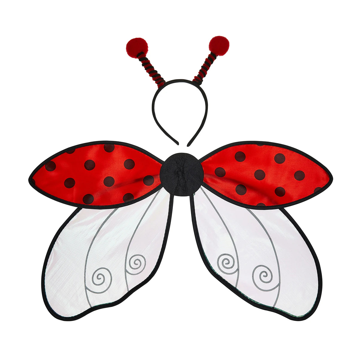 A red and black insect wing and headband costume set featuring large, patterned wings.