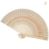Hand carved bamboo folding fan with light beige and orange patterned paper sections