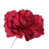 A deep red velvet artificial peony flower with green stem.