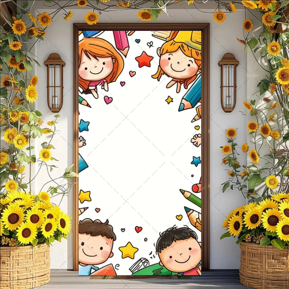 A vertical vinyl backdrop banner featuring cheerful children illustrations and colorful elements for events.