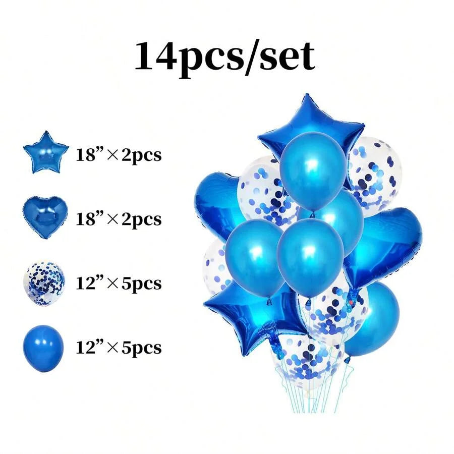 A set of 14 foil and latex balloons in various sizes and shapes including stars hearts and round balloons