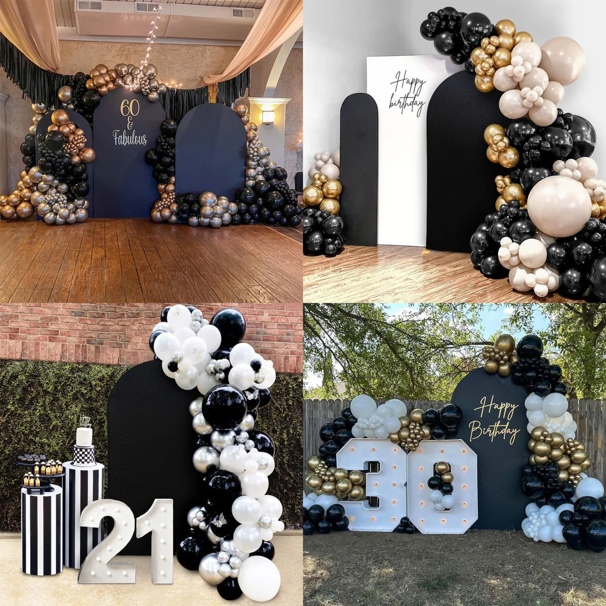 A backdrop decorated with black and gold balloons and a large number 21 for a party event.