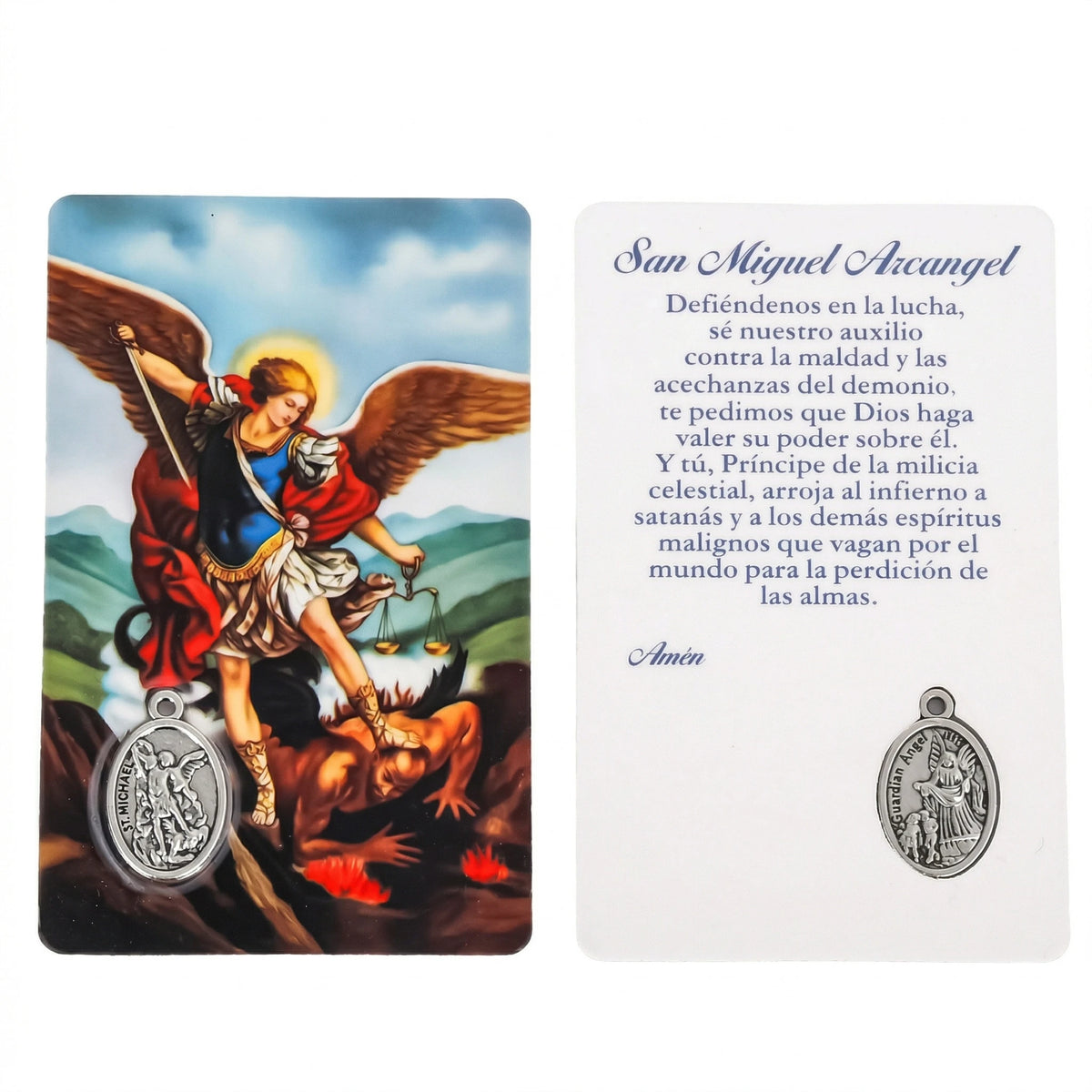 A card featuring an illustration of Saint Michael the Archangel and a prayer in Spanish.