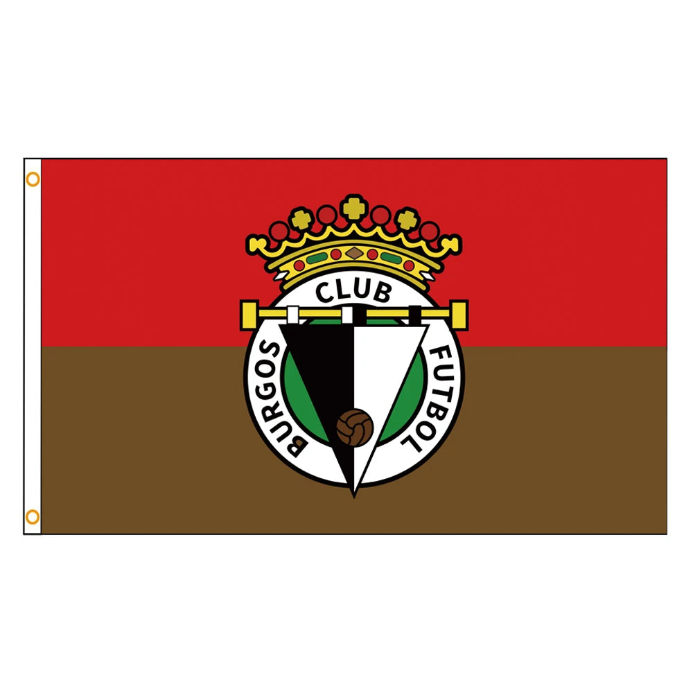 A rectangular flag with a red and brown field featuring a gold crown and the text CLUB FUTBOL BURGOS.