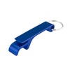 A blue aluminum bottle opener keychain with a split design.