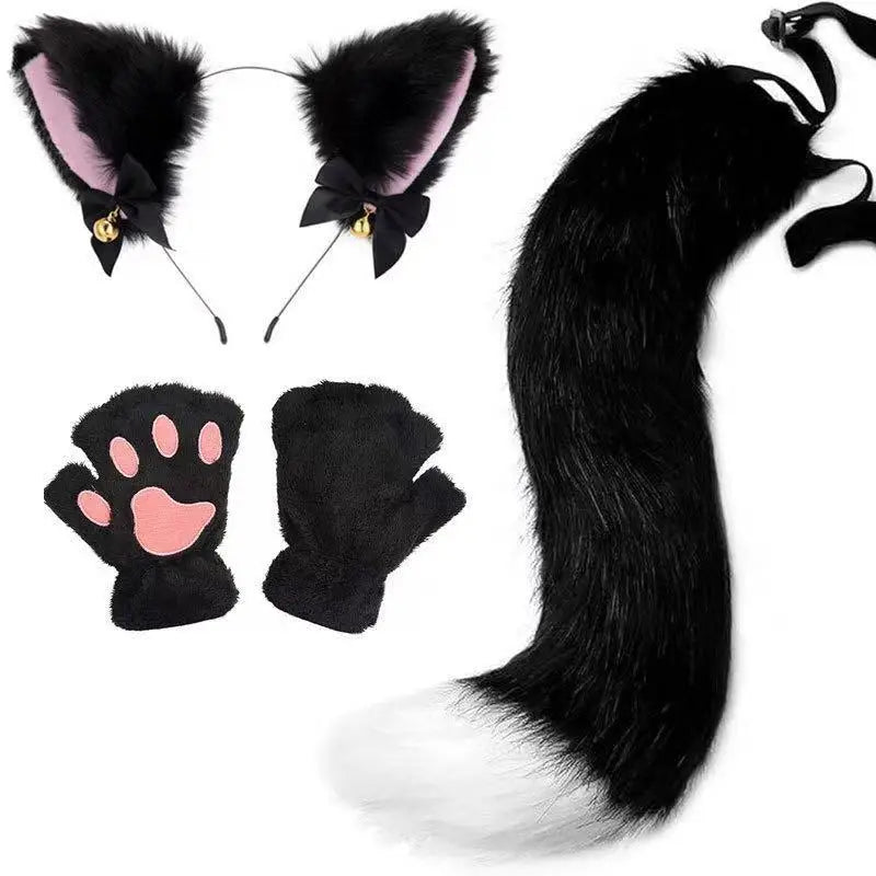 Black furry cat ear headband and tail costume set with paw print gloves