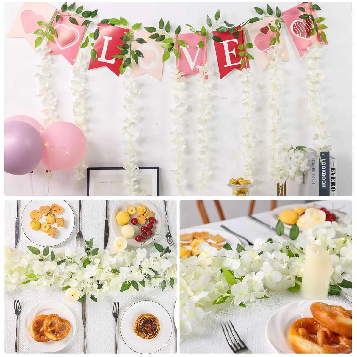 A decorative garland made of artificial white wisteria flowers and pink/red fabric banners for a celebration.