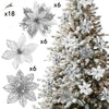 A collection of six glittered artificial white flowers with clips displayed next to a decorated Christmas tree.